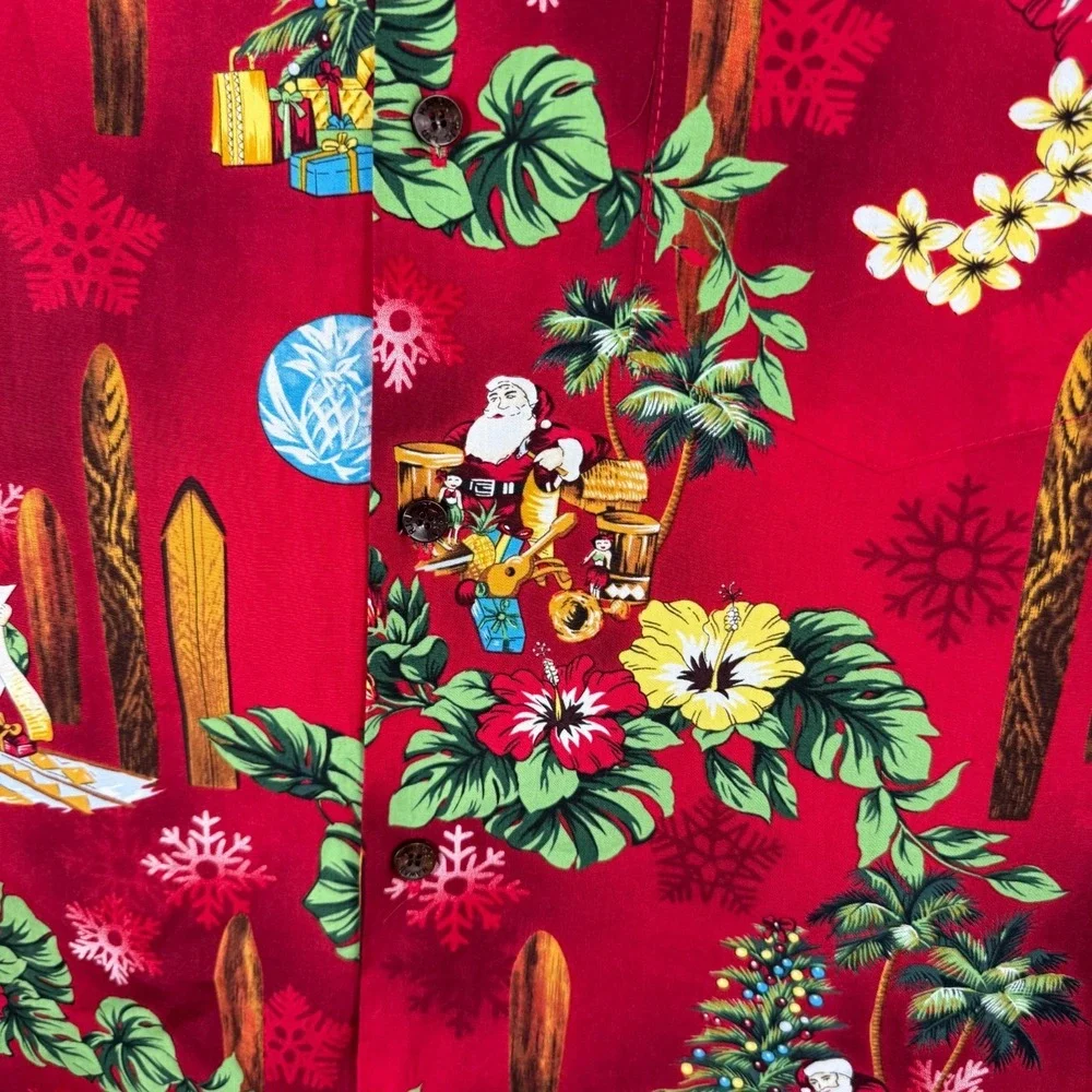 RJC Shirt Mens Medium Red Hawaiian Christmas Mele Kalikimaka Santa Floral Camp